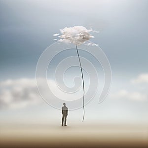 Man observes a surreal cloud attached to the ground with a thread