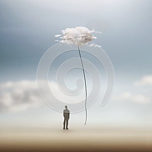 Man observes a surreal cloud attached to the ground with a thread photo