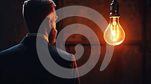 Man Observing Glowing Light Bulb in a Dark Room to Inspire Creativity and Innovation