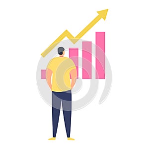 Man observing growth chart with upward trend arrow. Business progress and successful analyst. Analyzing financial data