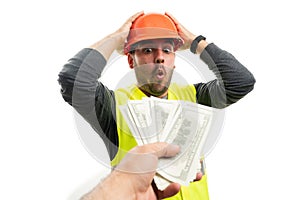 Man offering money to constructor with shocked expression