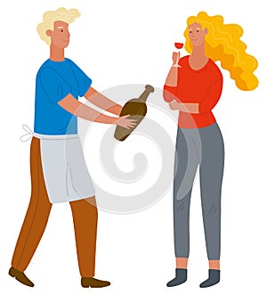 Man Offering Wine to Woman with Glass Vector