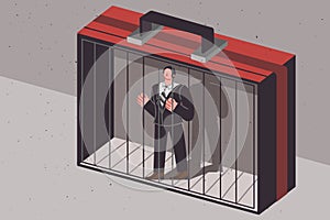 Man office clerk locked in cage, shaped like business suitcase, as metaphor for corporate pressure