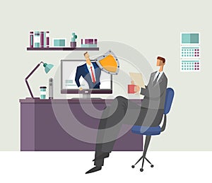 Man in office reading document with shielded man protecting his computer. Protecting your personal data. GDPR, RGPD