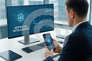 Man Analyzing Data on Computer and Smartphone with Artificial Intelligence Interface businessman office