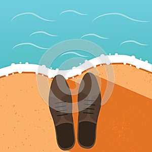 Man office shoes on the sea shore. Summer vacation concept illustration