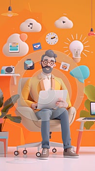 Man in the office sitting in the armchair with a computer. 3d character. Interface icons flying around. Vertical layout