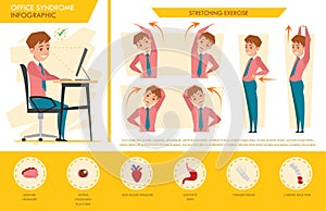 Man office syndrome info graphic and stretching exercise