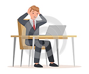 Man Office Worker Sitting at Desk with Laptop Feeling Stress Because of Deadline Vector Illustration