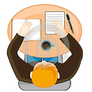 Man for worker by table