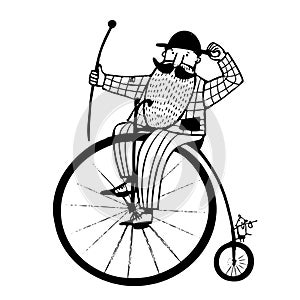 man on the old bicycle with big wheel, ink art illustration, vector vintage clipart with cartoon character