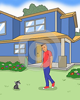 A man ooking at kitten in front of house illustration