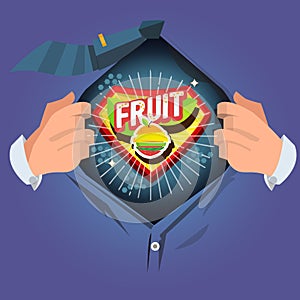 Man open shirt to show `fruit` logtye with sliced vareity of fruits in comic style - vector