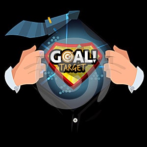 Man open shirt to show `Goal target ` logotype in cartoon style. life or business goal concept - vector