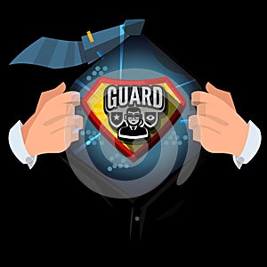Man open shirt to show `Guard or body guard ` logotype in comic style -