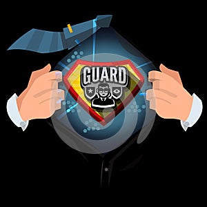 Man open shirt to show `Guard or body guard ` logotype in comic style - vector