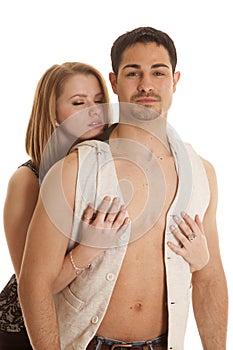 Man open vest woman behind her eyes closed