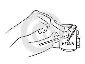 Man opens can of beans. Manual can opener and tin can. Kitchen utensils, cooking appliances. Use for menu design, recipes