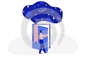 Man opens giant book with space or universe inside. Online education concept. Flat vector illustration