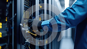 A man operates an electric blue server in a glass data center. AIG41