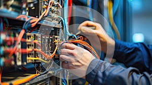 A man operates an electric blue server in a glass data center. AIG41