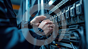 A man operates an electric blue server in a glass data center. AIG41