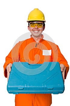 Man in orange coveralls isolated on white