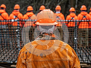 A man in an orange hard hat stands confidently in front of a fence, overseeing construction works in progress photo