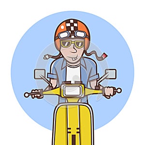 Man with orange helmet riding a yellow scooter
