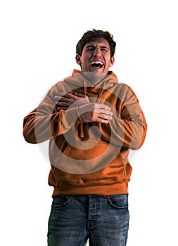 A Man in an Orange Hoodie Making a Funny Face