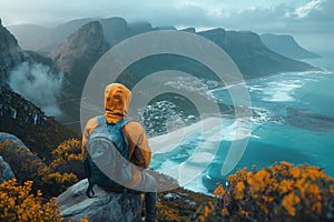 Man in orange jacket seated hilltop overlooking coastal mountains sea mist