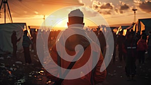 A man in an orange jacket stands in front of a crowd of people in a refugee camp. The sun is setting in the background