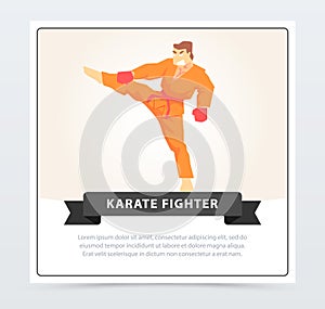 Man in orange kimono and boxing gloves training, karate fighter banner cartoon vector element for website or mobile app