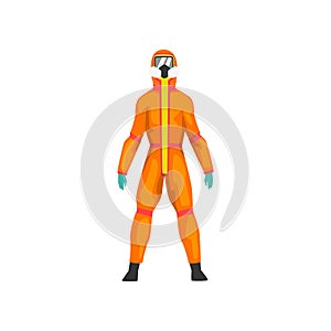 Man in Orange Protective Suit and Gas Mask, Chemical Industry Professional Safety Uniform Vector Illustration