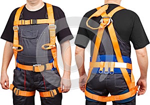 Man in orange safety Climbing Harness isolated on white background