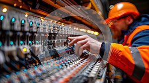 Man in Orange Safety Jacket Working on Control Panel