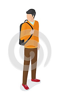 Man in Orange Sweater Brown Trousers with Rucksack