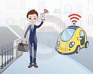 Man ordering driverless taxi using mobile application. Cartoon businessman character with smartphone and car on city