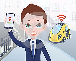 Man ordering driverless taxi using mobile application. Cartoon businessman character with smartphone and car on city