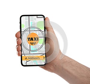 Man ordering taxi with smartphone on background, closeup