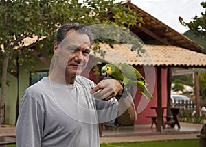 Man outside with his Blue Fronted Amazon Parrot