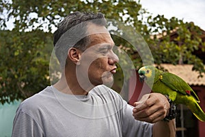 Man outside with his Blue Fronted Amazon Parrot