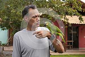 Man outside with his Blue Fronted Amazon Parrot