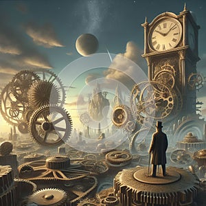 A man overlooks a steampunk cityscape with intricate gears and a towering clock under a celestial sky
