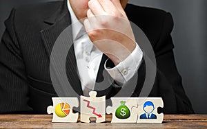 man from overstrain holds his hand on the nose or forehead on the background of the business process insolvency visualization.