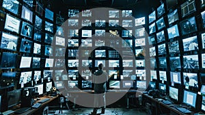 Man Overwhelmed by Excessive Surveillance Equipment photo