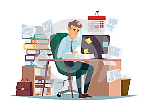 Man overwork in office vector illustration of cartoon manager sitting at computer desk working frustrated in stress photo