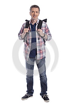 Man Packing Bag and Preparing to Travel or Hike