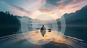 A man paddles a kayak alone across a lake surrounded by mountains at sunrise