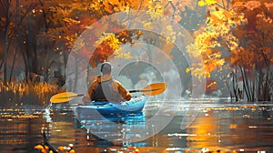 Man paddles orange kayak on river in autumn, surrounded by natural landscape